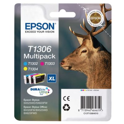 Epson Stag T1306XL DURABrite Ultra Ink, High Yield Ink Cartridge, Cyan, Magenta, Yellow Multipack, C13T13064010 (package 3 each)
